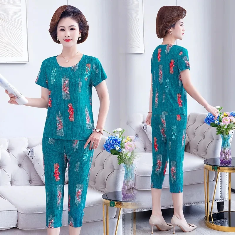 

Middle-aged Women Two Piece Sets 2022 Summer Short Sleeve T-shirt & Pants Women Casual Loose Tracksuit Mother Clothing Sportwear