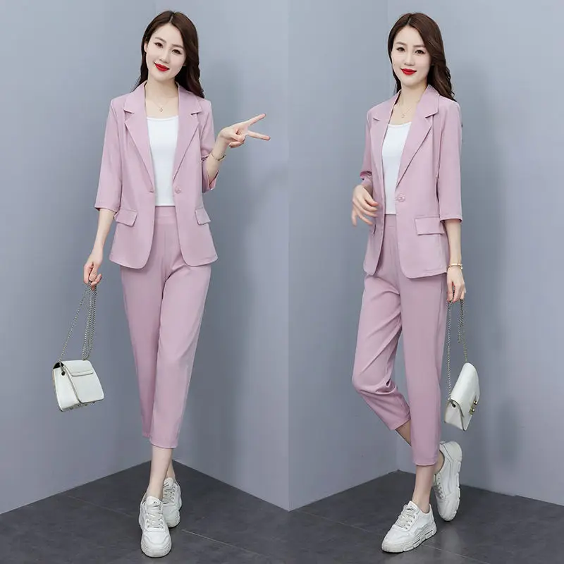 Korean Style Thin Jacket Blazer Casual Pencil Pants Two-piece Elegant Women's Pants Set Summer Office Outfits Clothing
