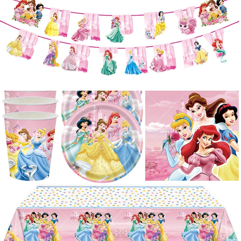 

54pcs/lot Disney Princesses Theme Tableware Set Hanging Banner Tablecloth Birthday Party Plates Cups Decorations Events Napkins