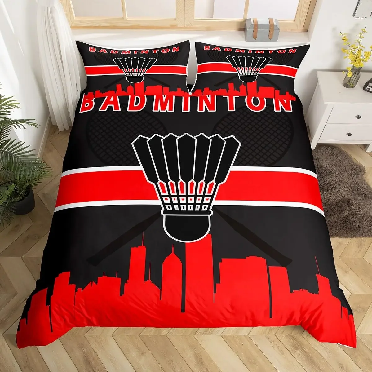 Badminton Duvet Cover Set Kids Badminton Sports Bedding Set Boys Girls Room Decor Ball Games Pattern Black Comforter Cover Sets
