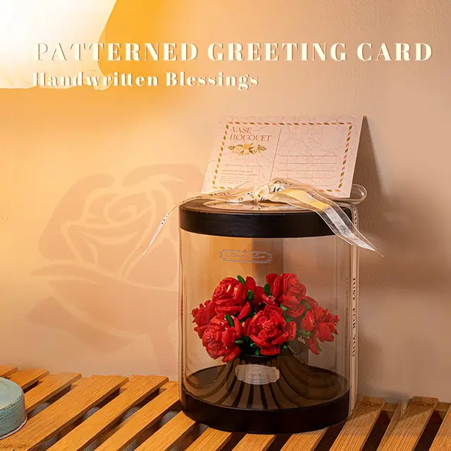 Romantic Rose Preserved Flower Building Block Plant Bouquet Model Bricks Set With Dust Cover Kids Toy Girls Valentine's Day Gift 2