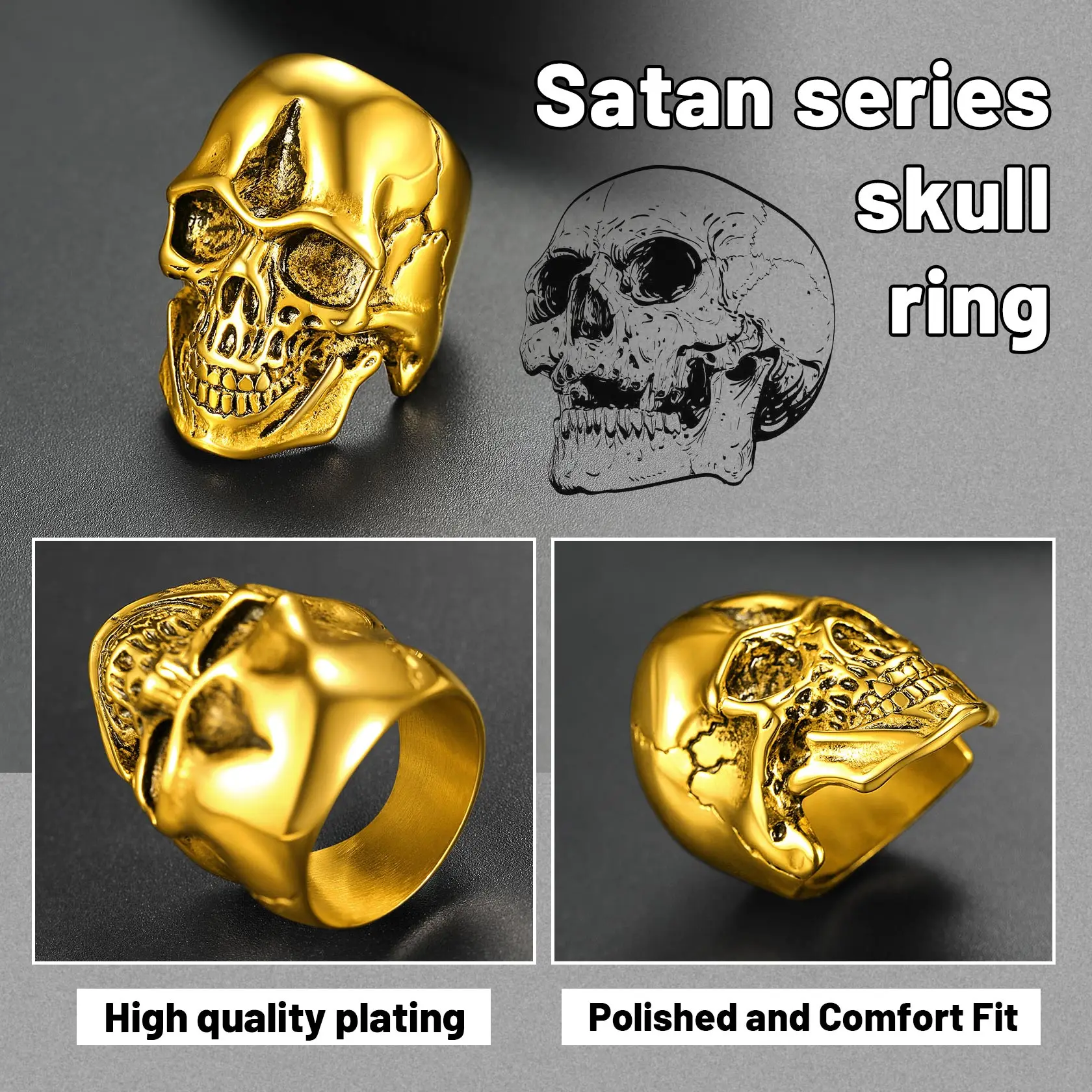 ChainsPro Gothic Skull Rings Stainless Steel 18K Gold Black Plated Band Skeleton Punk for Men Women Size 7-14 CP743