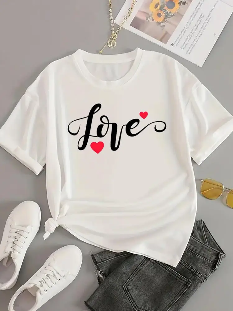 Love Valentine Trend Сладки графични тениски от 90-те, облекло, модни тениски с щампи с къс ръкав, дамски ежедневни тениски с О-образно деколте, дамски дрехи