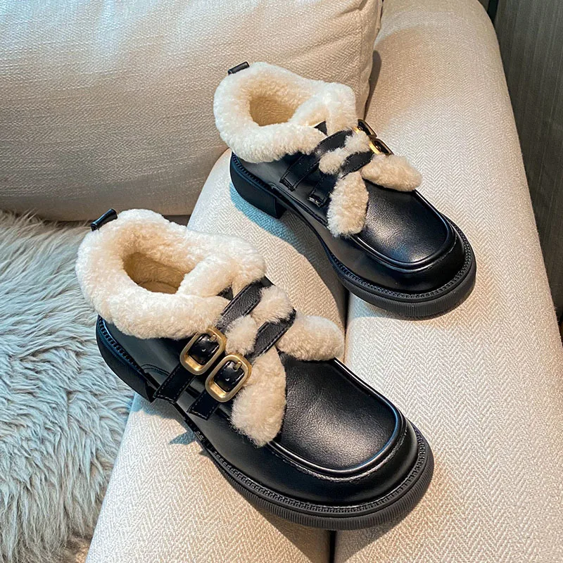 High Quality Leather with lamb fur flat shoes woman double buckle