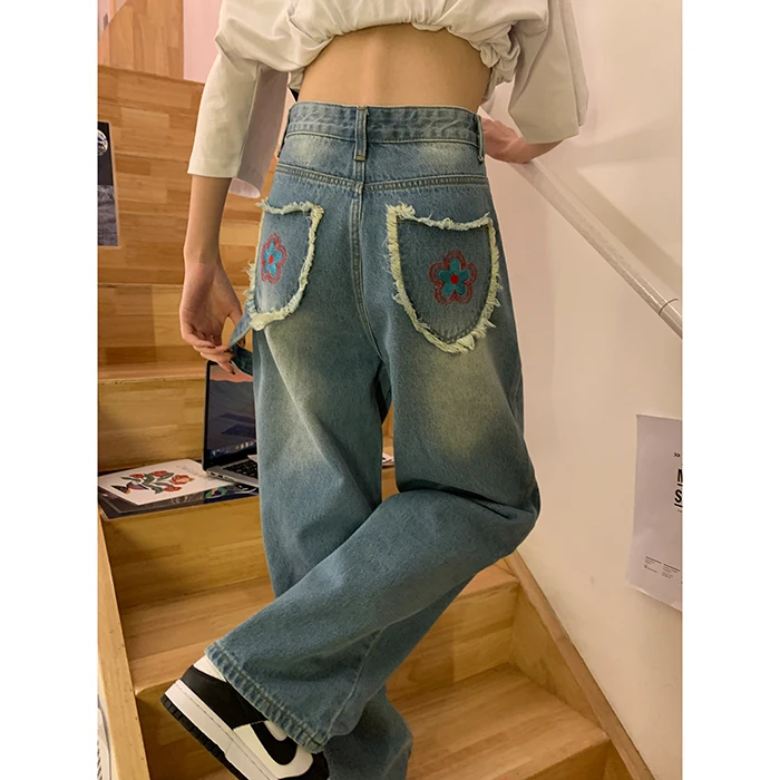 Vintage Baggy Blue Women's Jeans Straight Loose High Waist Trousers Flower Printing Streetwear Fashion Mom Denim Wide Leg Pants armani jeans