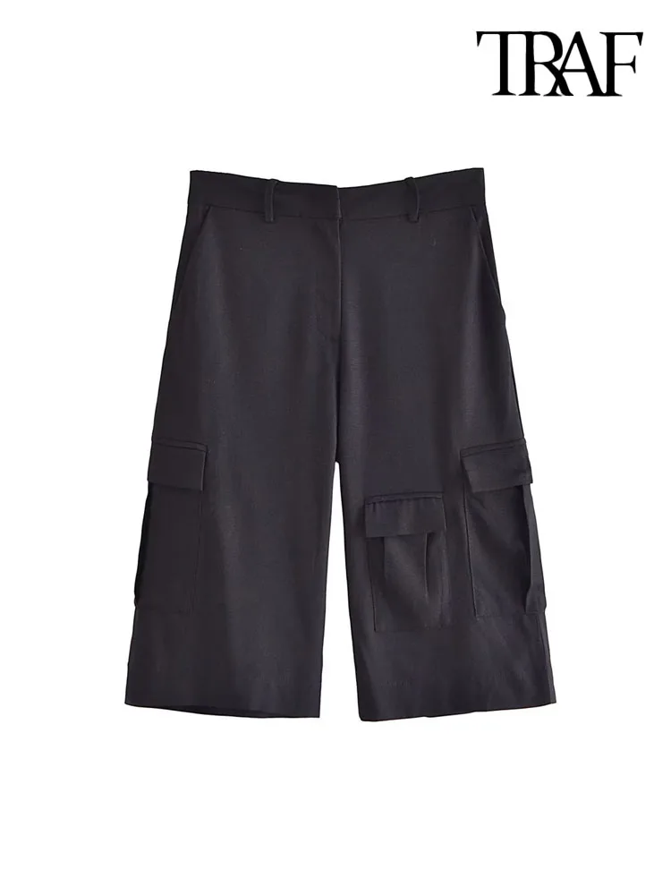 

TRAF Women Fashion Side Patch Pockets Cargo Shorts Vintage High Waist Zipper Fly Female Short Pants Mujer
