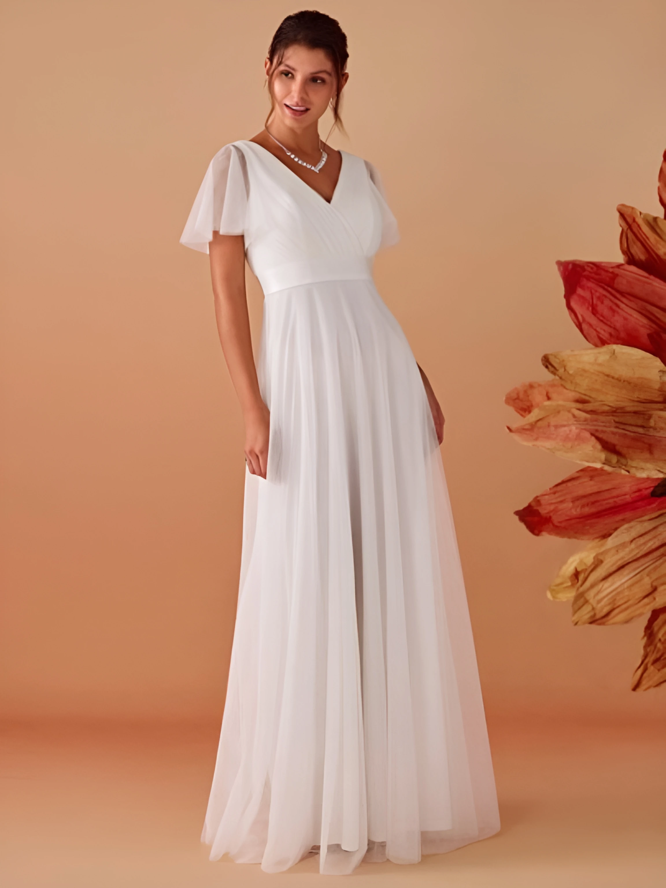 MisShow Elegant Wedding Dresses Ivory White Sexy V-Neck Backless Sheer Short Sleeve Bridal Gowns A-Line Maxi Womens Party Dress 4