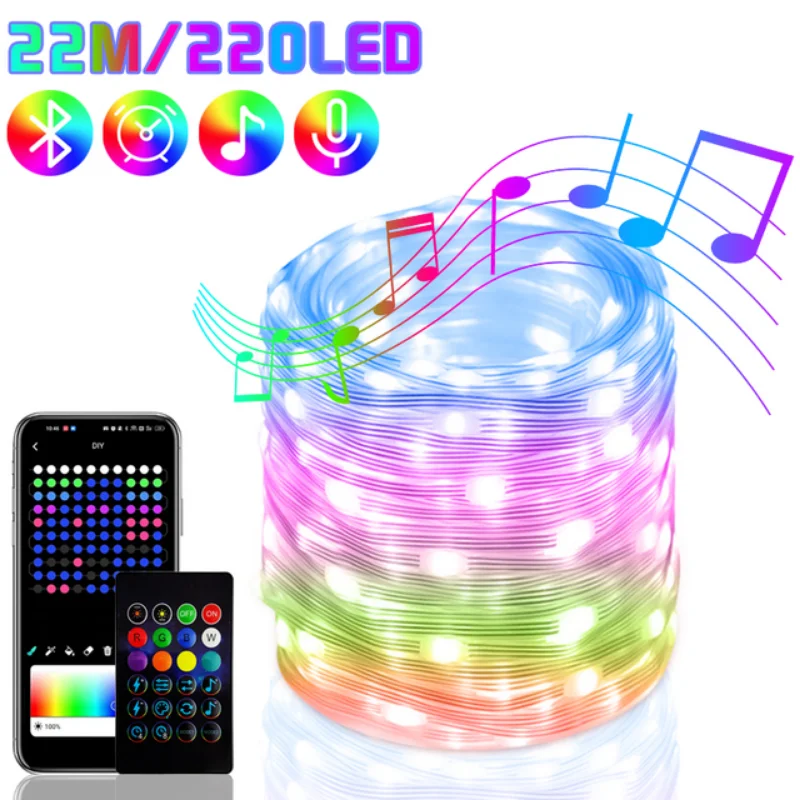 22M RGB Lights Smart Bluetooth Control USB LED String Lamp Outdoor Waterproof App Remote Control Garland Fairy Lights Decoration