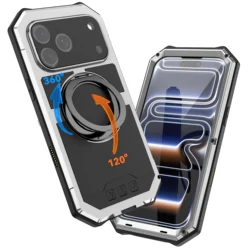 Rugged Military Shockproof Phone Case with Magnetic Metal Cover & Glass Lens Protector - iPhone 17 Pro Max (Silver)