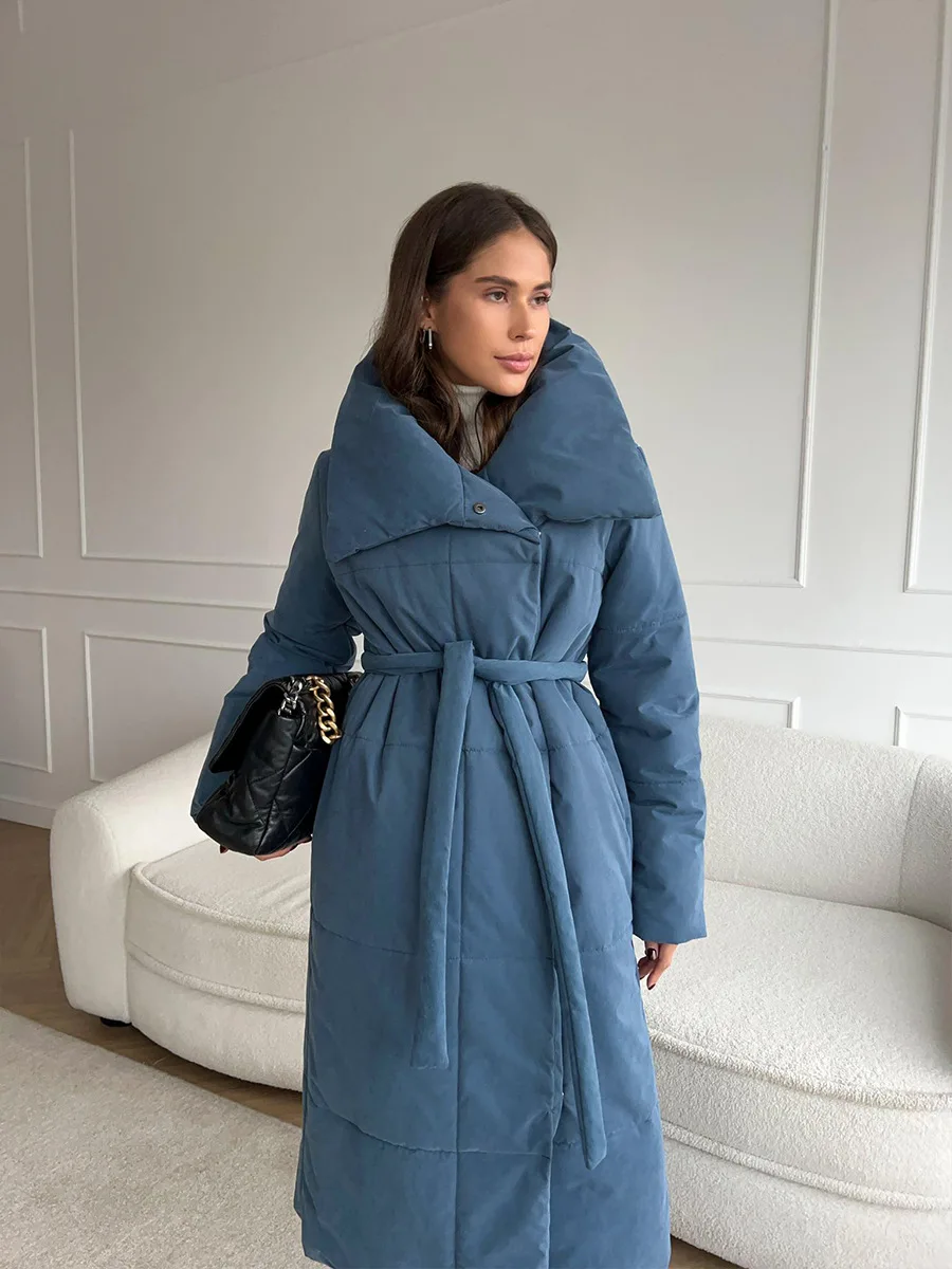 Winter Female Parkas Outwear Loose Lace-Up High Waist Long Sleeve Pocket Lapel Bandage Coat For Women Solid Parkas