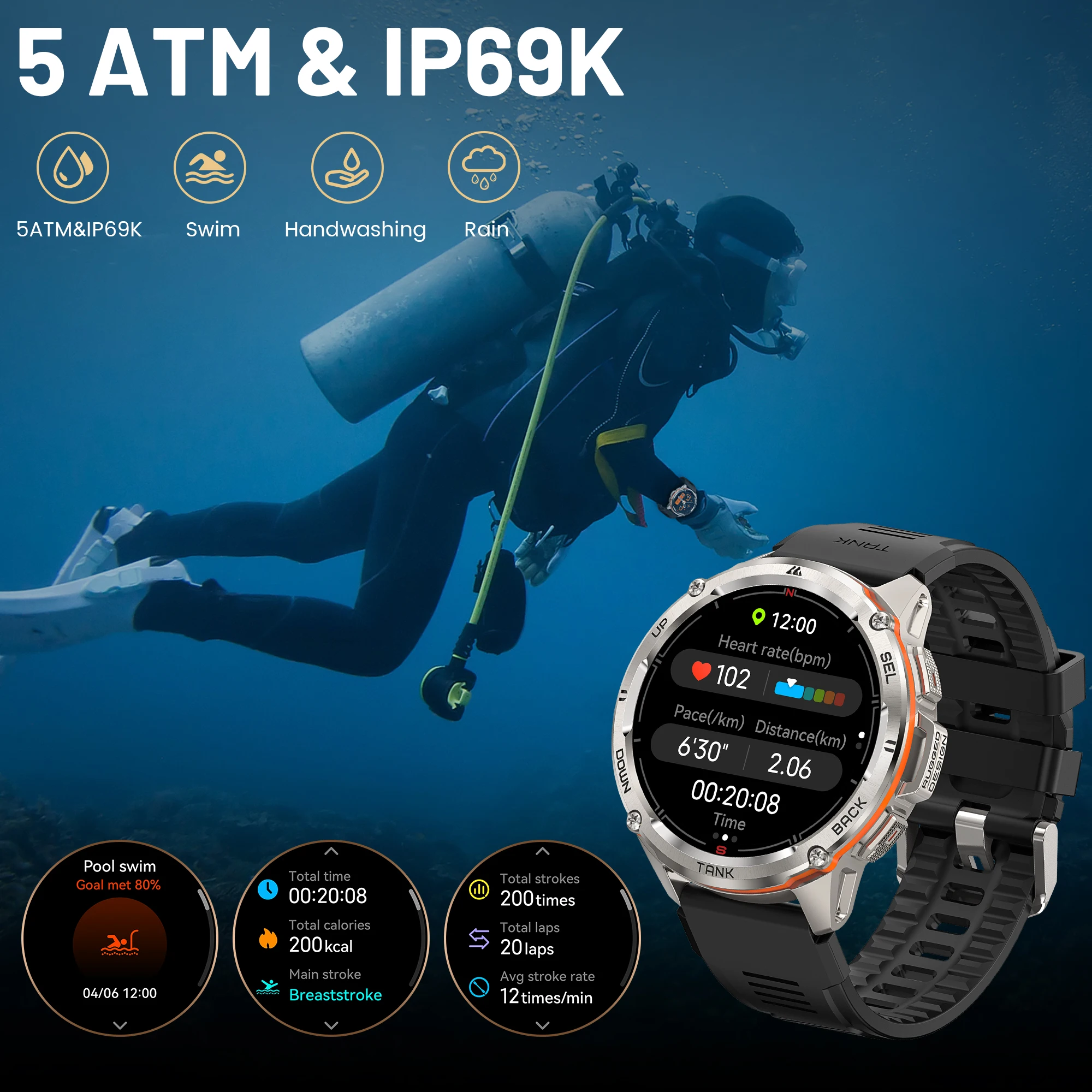 2024 오리지널 AMAZTIM 탱크 T3 울트라 GPS 방수 스마트워치, 블루투스 스포츠 디지털 피트니스 워치, 남녀공용