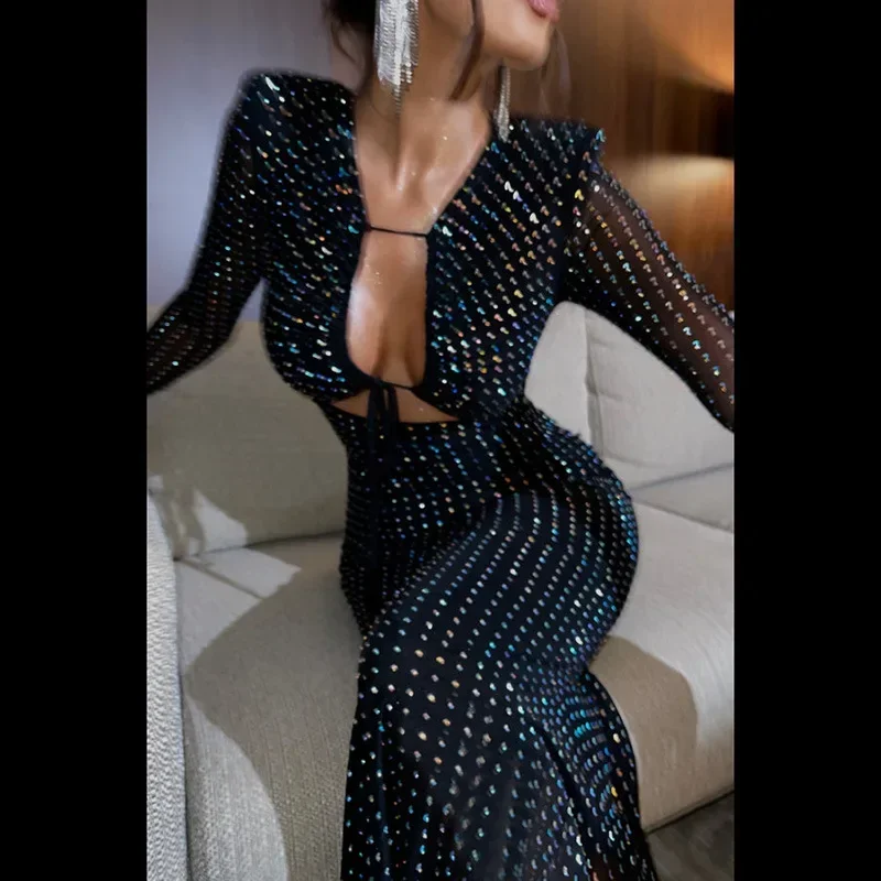 

Colorful Sequins Hollow Lace Up Slim Maxi Dress Women Autumn V-neck Long Sleeve High Waist Elegant Dresses Hipster Streetwear
