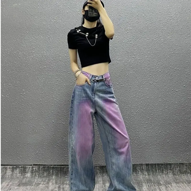 

New American Spicy Girl Jeans Women's High Waist Washed Dyed Wide Legged Design Feel Versatile Mop Pants Trendy casual