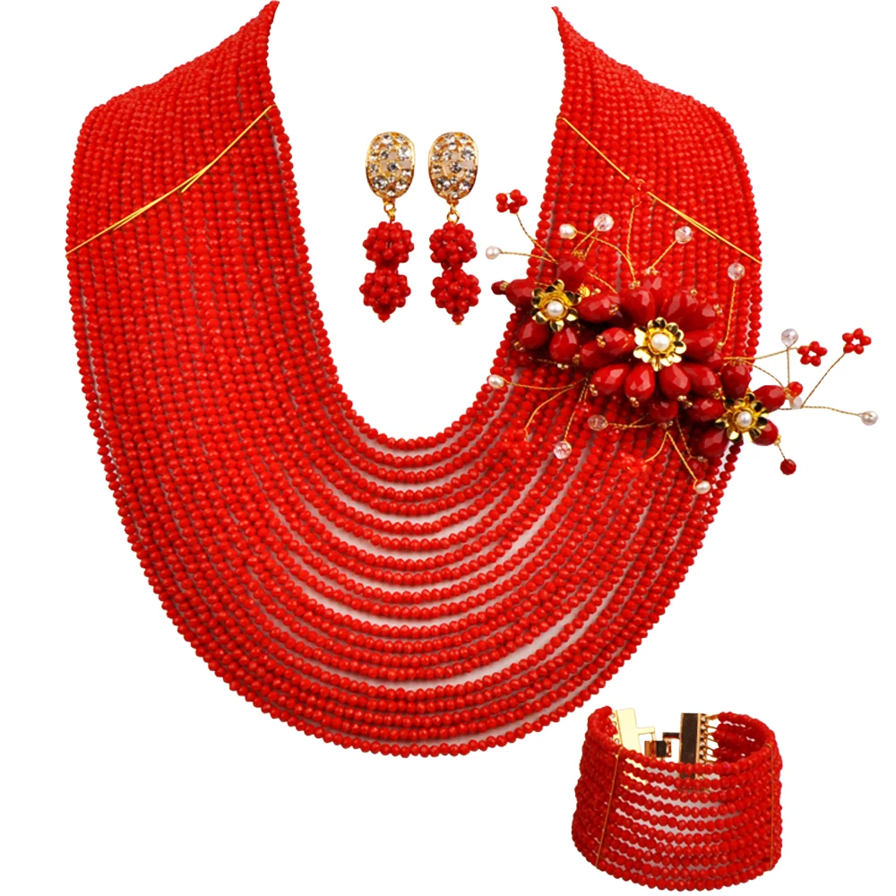 

20 Rows 4mm Opaque Red Crystal Beaded African Wedding Bridal Jewelry Sets Costume Necklace Bracelet Earrings