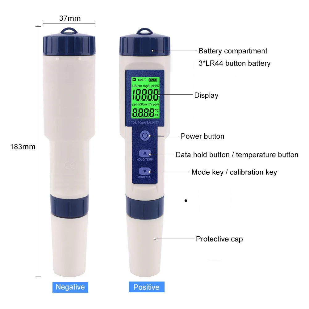 Five in one water quality detector 9909 multifunctional water pen pH acidity meter salinity meter TDS quality detection pe