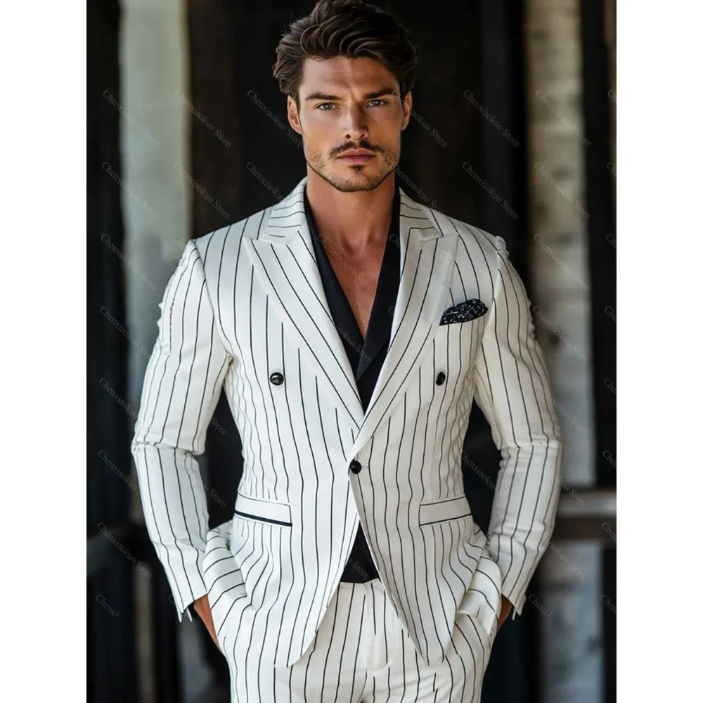 White Wide Striped Men Suits Chic Peaked Lapel Male Suit Slim Two Piece Party Business Casual (Blazer + Pants) Costume Homme