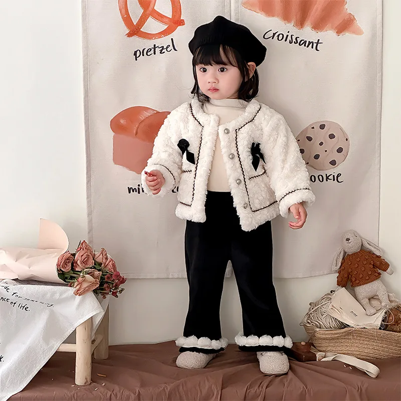 

Korean Autumn Winter Infant Girls Warm Coat Baby Girls Bow Solid Velvet Jacket Toddler Girls Versatile Thickened Outerwear