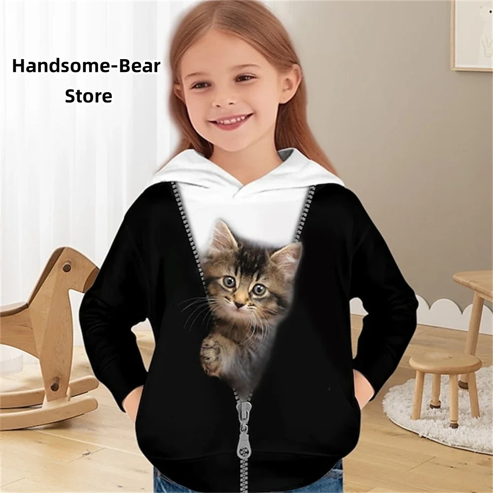 Kids Girls' Hoodie Long Sleeve Black 3D Print Cat Animal Pocket Daily