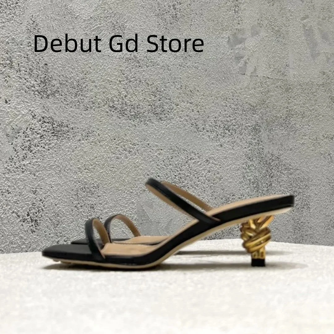 

Top Quality 2024 New Summer Style Square Headed High Heel Sandals with Metal Slim Heels and Slippers High Heels