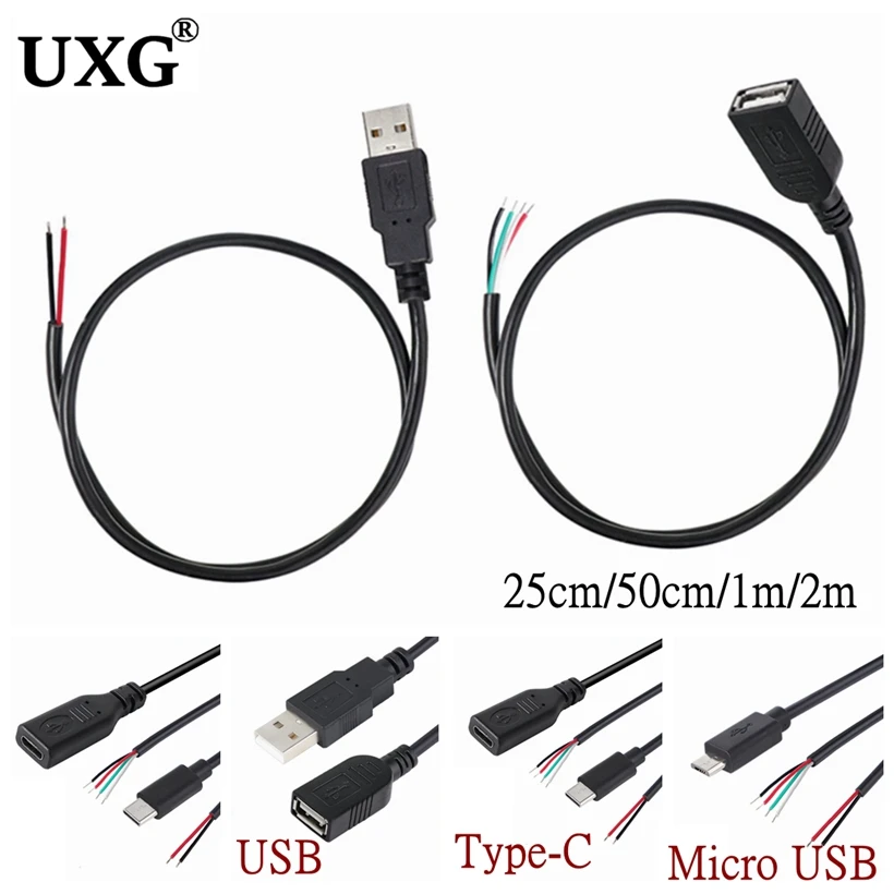Cable de extensión de fuente de alimentación Micro USB 2,0 A, conector macho hembra, 4 pines, 2 pines, 4 cables, Cable de carga de línea de datos DIY, Cable tipo C, 1m, 2m