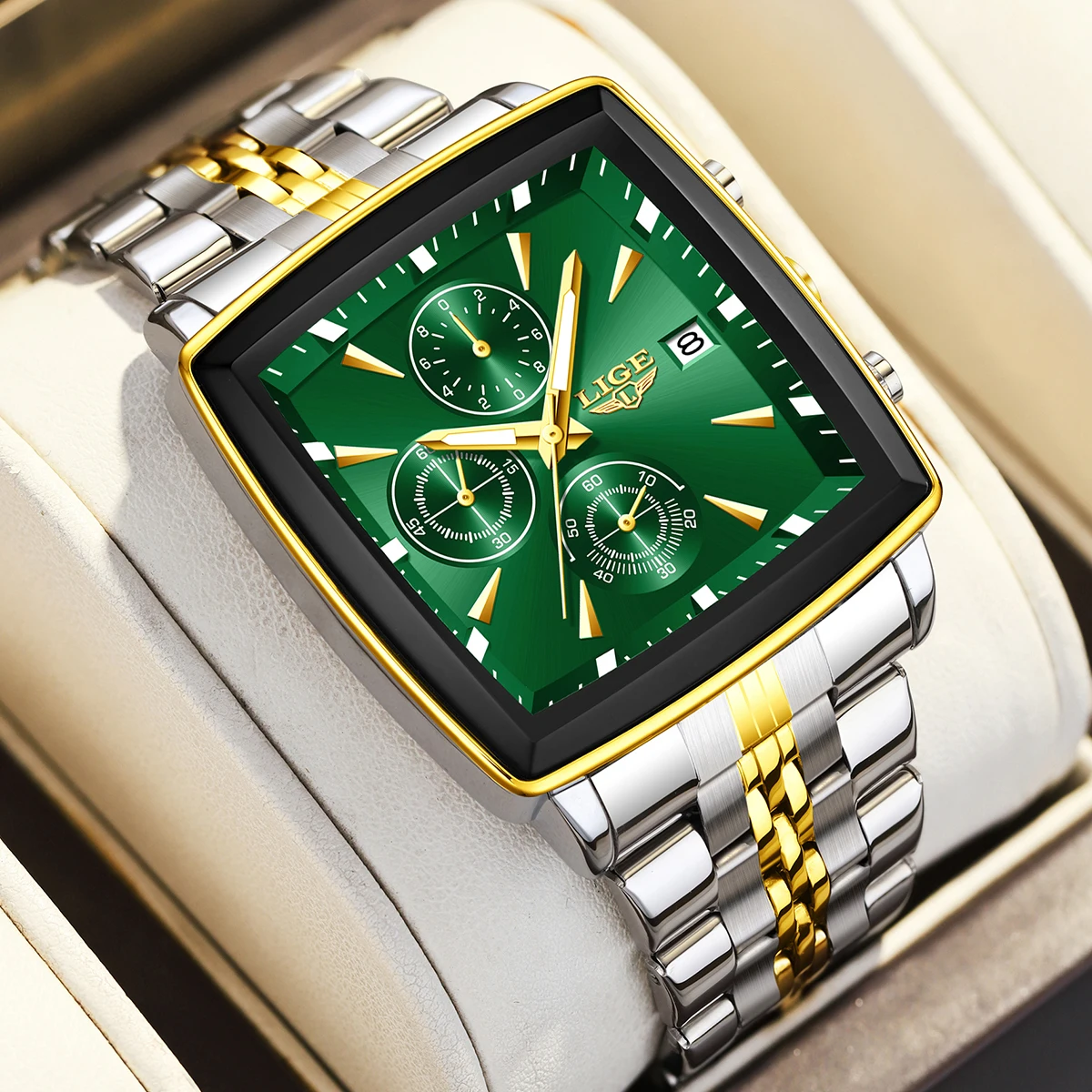 LIGE Fashion Men's Luminous Waterproof Chronograph Wristwatch with Date Function - Square Quartz Design, Includes Box