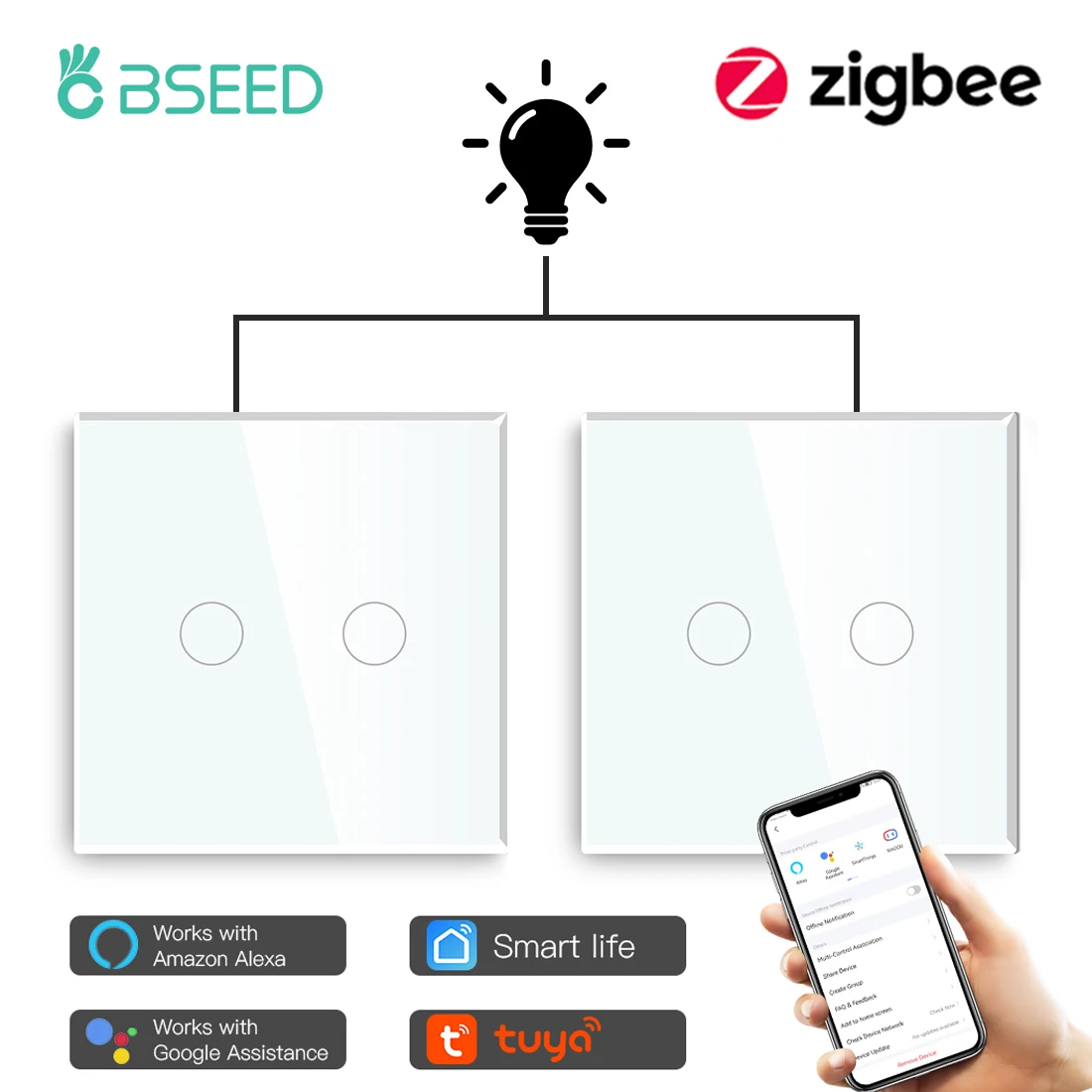 

BSEED Zigbee 2Gang 2way Touch Switches Smart Wall Switches Tuya Smart Life Alexa app control Glass Panel No Neutral 2Pack