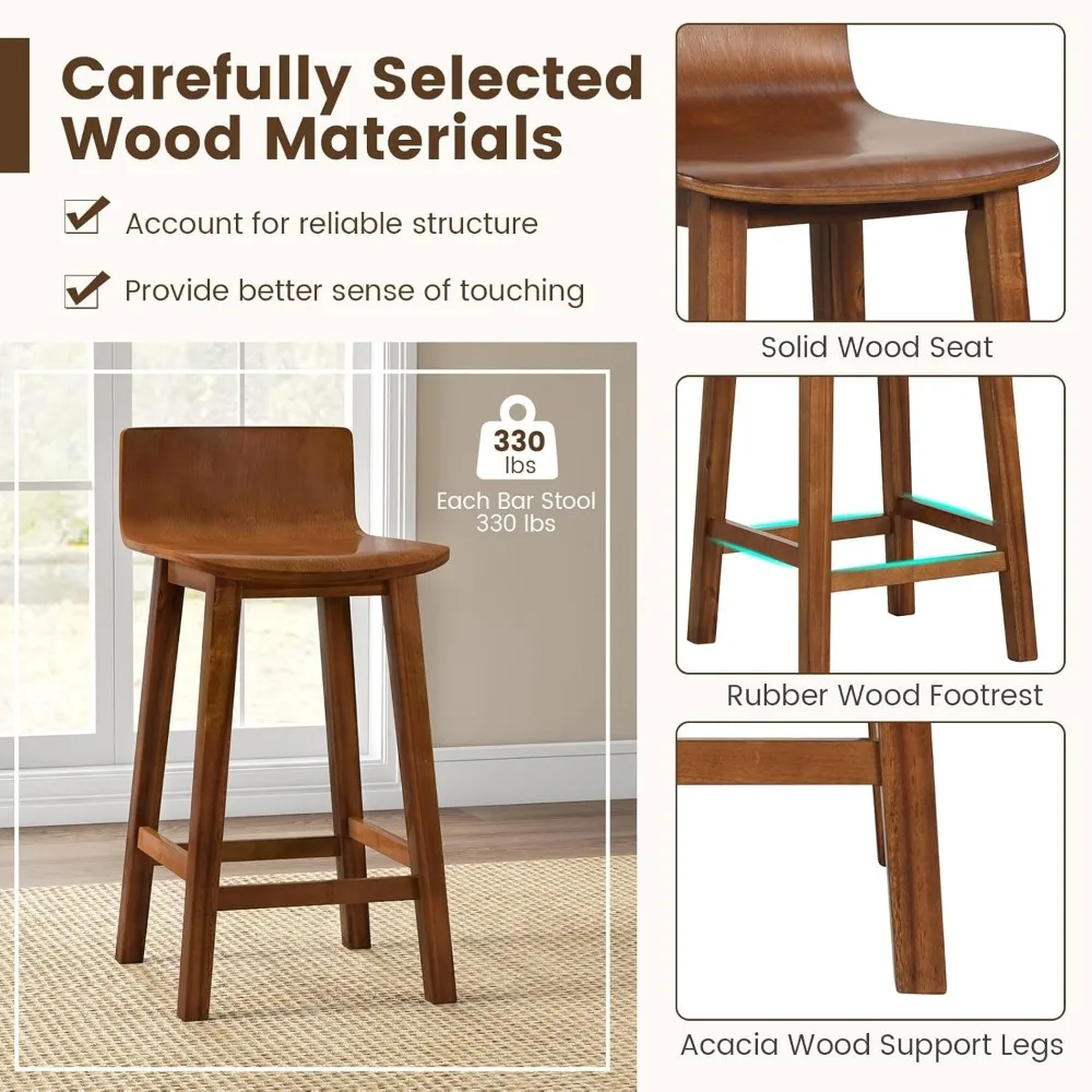 24.5" Bar Stools, Counter Height Bar Stools w/Low Back & Footrest, Farmhouse Wooden Dining Chairs