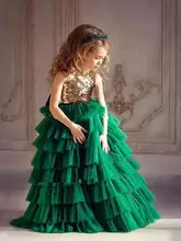  2022 Green Tulle Gold Sequins Flower Girl Dresses Baby Girl Birthday Dress Kids Pageant Gown Prom Robe Ceremonie Fille For 1-14Y 
