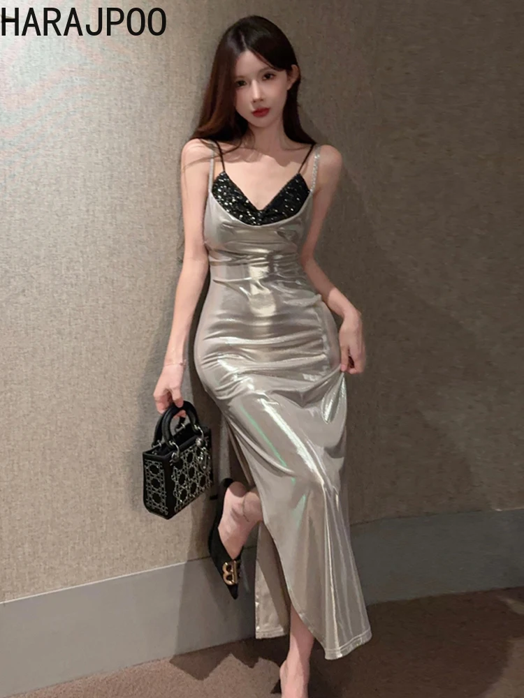 

Женское платье с открытой шеей Harajpoo, блестящее платье на бретельках с высокой талией, облегающее длинное платье без бретелек