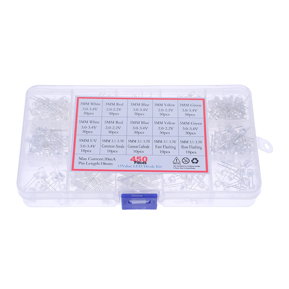 450pc 화이트 그린 레드 블루 옐로우 UV LED 자외선 발광 다이오드, 느리고 빠른 플래시 RGB 라이트 모듬 박스 키트