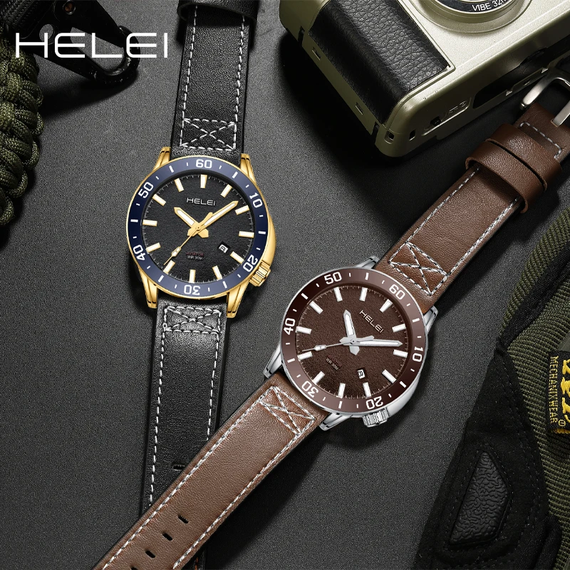 HELEI new exquisite dial men's quartz watches leather casual fashion wristwatch waterproof men's watch luminous gift for men