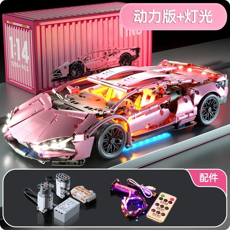 

1299 PCS Tech 1:14 Pink Racing Sports car building blocks Assemble brick car toys for girls birthday presents Christmas presents