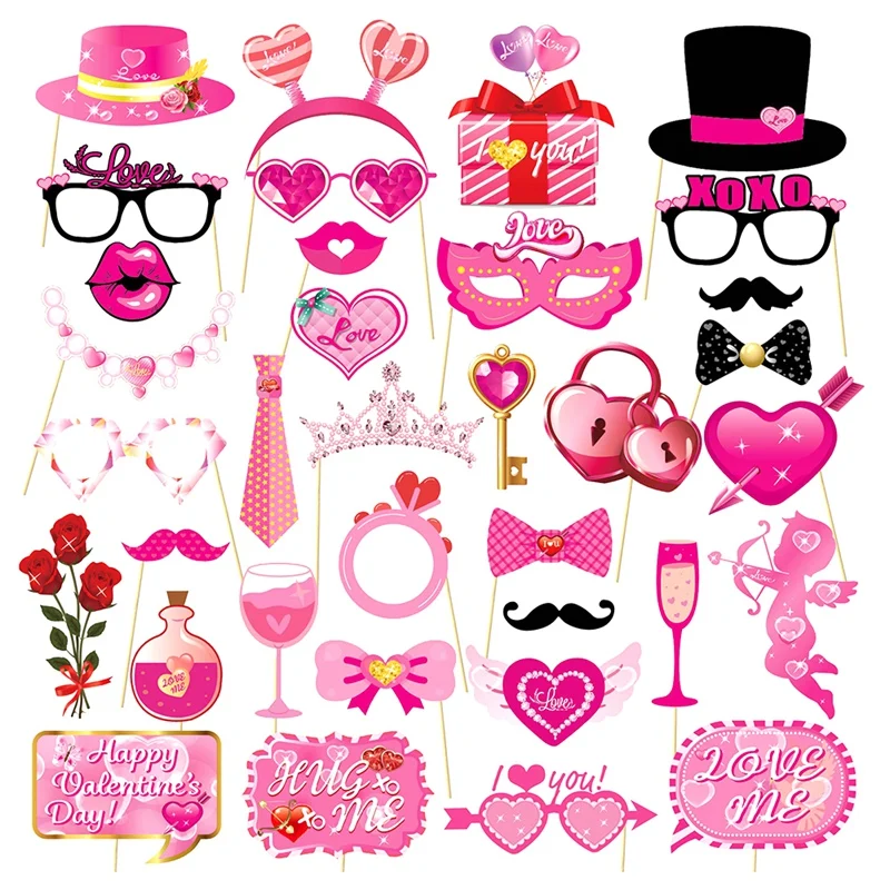 Pack Of 35 Valentine's Day Photo Booth Props Valentine Day Party Decorations With Kiss Signs For Romantic Celebrations