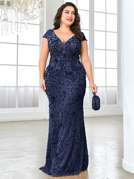Plus Size Elegant Blue Evening Dress For Women, Luxury Long Mermaid Formal Sequins V-neck Prom Wedding Party Gown