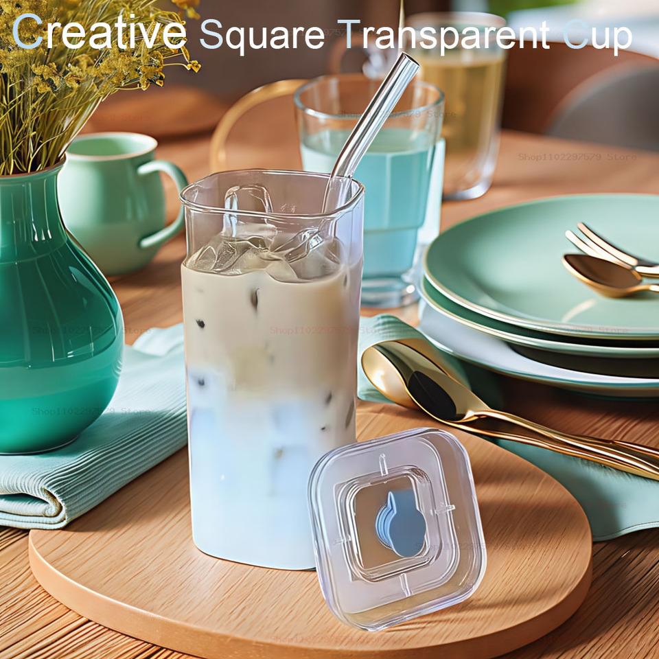 2025 New 400ML Creative Simple Square Glass With Lid And Straw Heat-Resistant Glass For Home Water Glass Wine Glass Bar Supplies