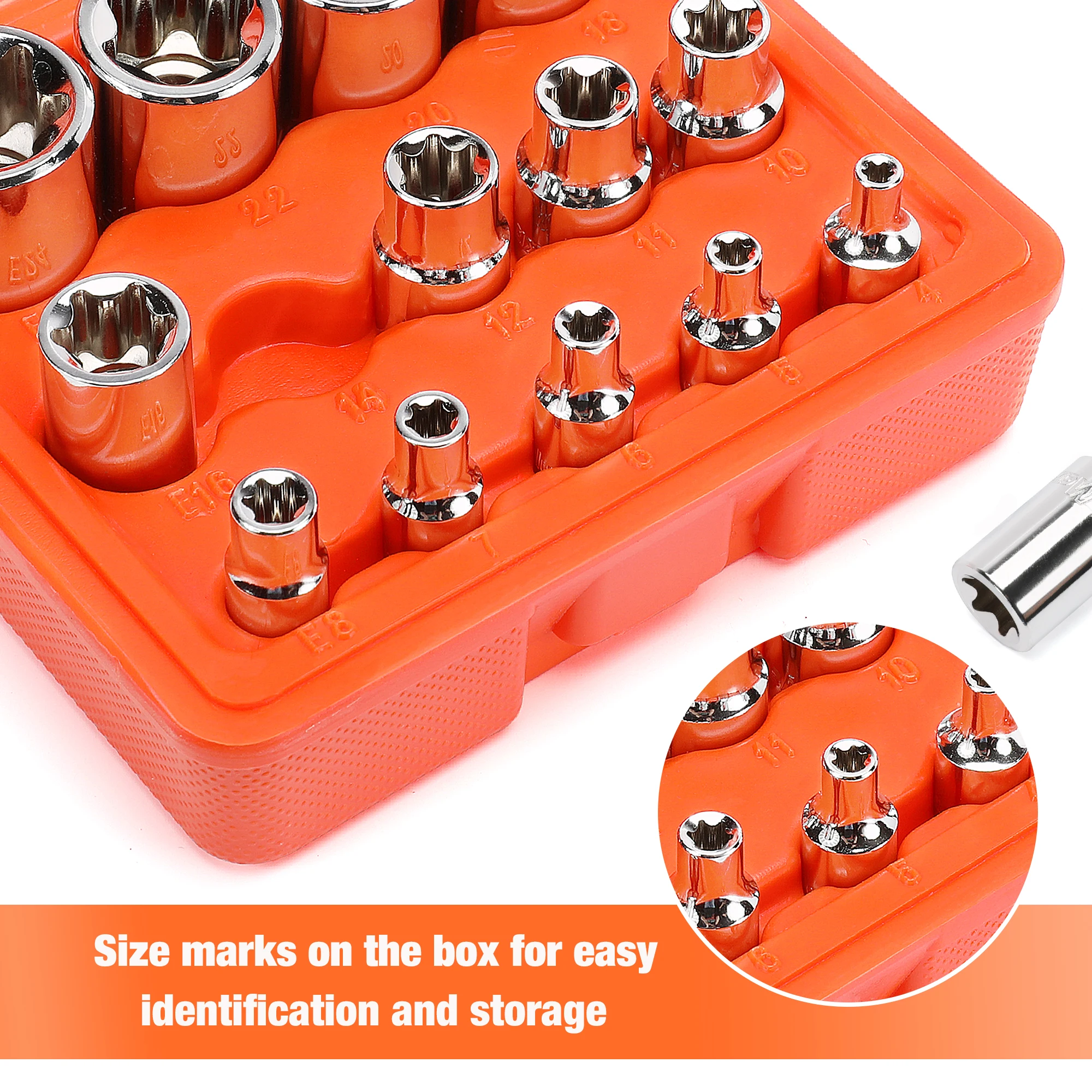ValueMax 14-Piece Female E-Torx Star Socket Set, 1/4", 3/8" and 1/2" Drive, Female External Star Socket Set with Rail, Cr-V Stee