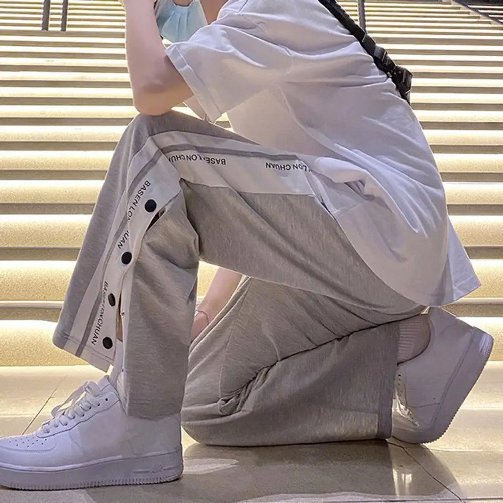 Men Sweatpants Loose Side Split Buttons Casual Loose Trousers Sports Elastic Waist Thin Letter Print Men Summer Pants