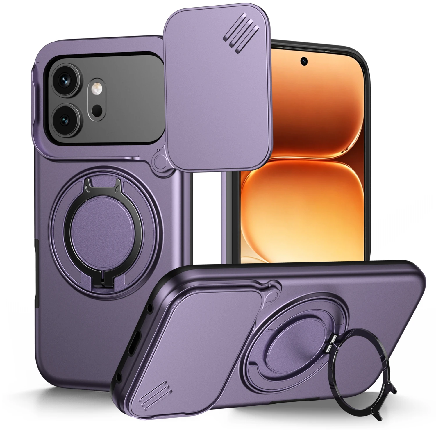 Magnetic Ring Stand Phone Case with Slide Camera Lens Protection and Durable Frame