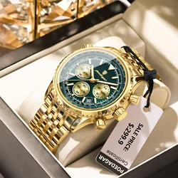 Luxury Men's Stainless Steel Chronograph Watch - Waterproof & Luminous Design (960 Gold Green)