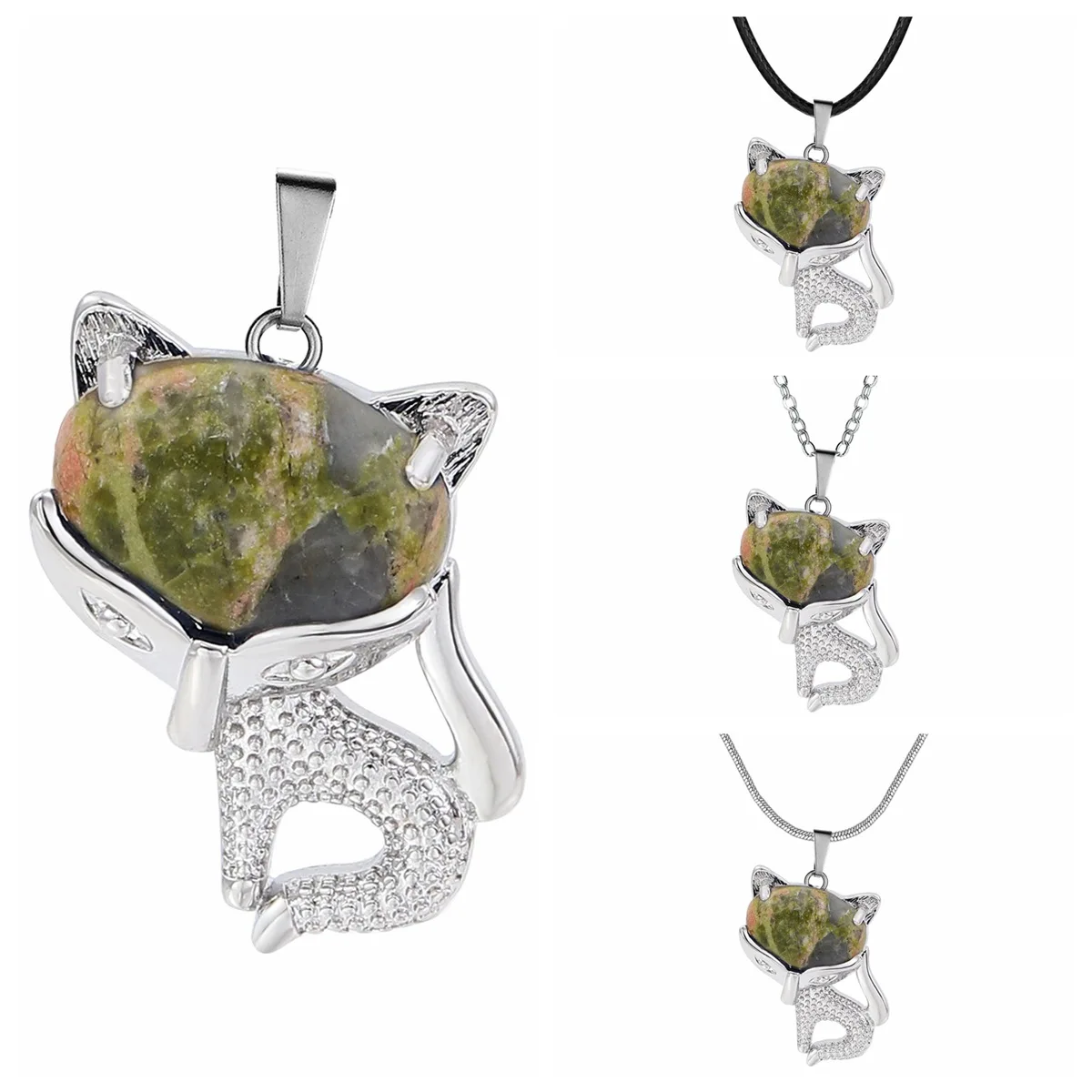 

Женское Ожерелье с кристаллами Unakite, ожерелье из натурального драгоценного камня, подвеска в виде серебряной лисы, лечебный амулет чакры, чокер в виде животного, ювелирные изделия