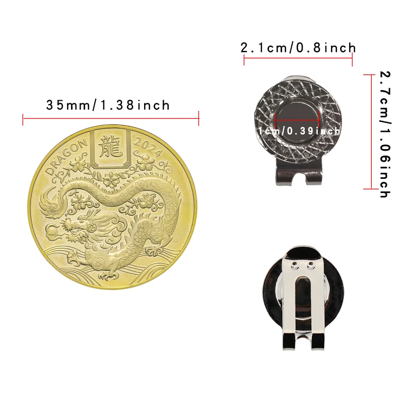 Golf Hat Clip 35mm Golf Ball Marker Golden New Year Dragon Hat Clip Magnet Removable Durable Stylish Golf Supplies Accessories