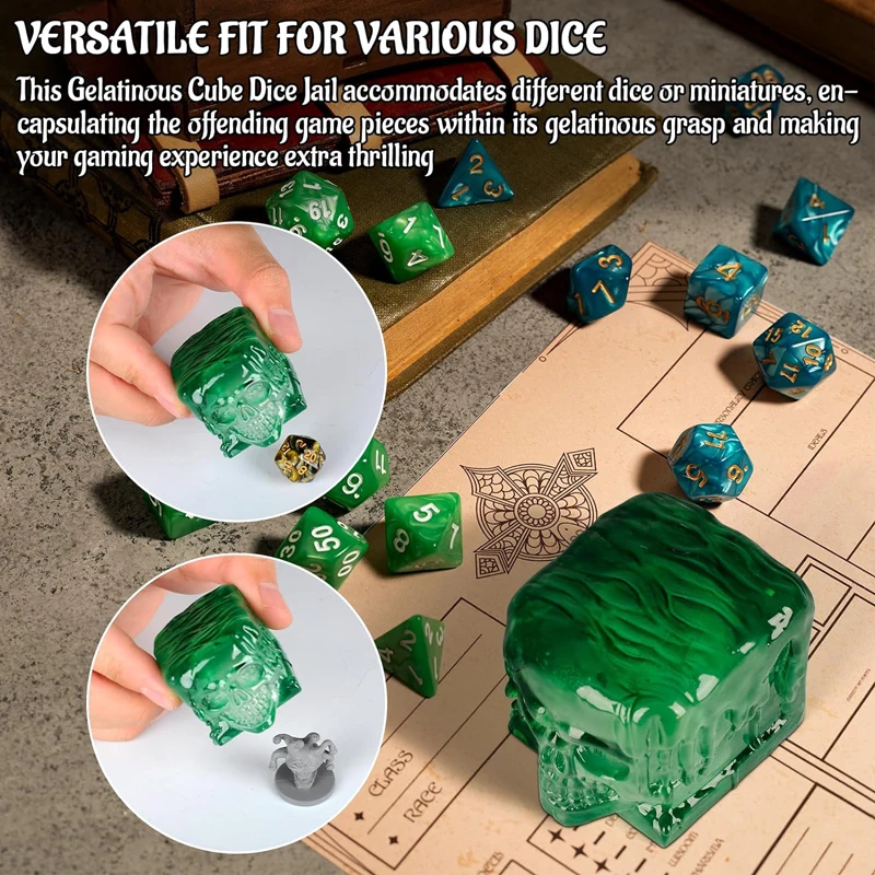 Deekin Gelatinous Cube Dice Jail - Translucent Blue Resin Dice Prison With 7 Dice For Tabletop Games