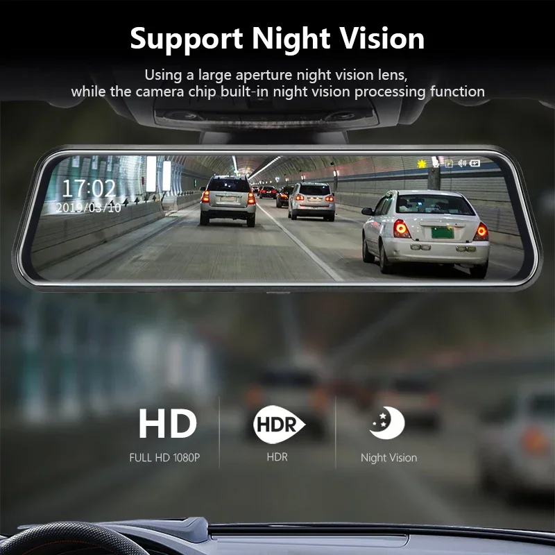 Jansite 10" Car DVR Touch Screen Stream Media 1080P Front/Rear Camera Dash cam Auto Video Recorders Rearview Mirror Backup cams
