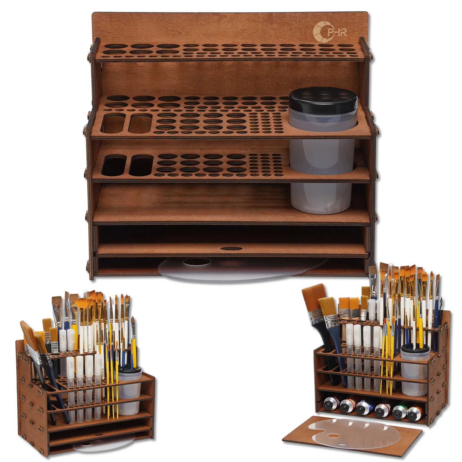 OPHIR 3-in-1 Wooden Paint Brush Organizer 101 Hole Stand with Washing Cup & Palette for Artist Makeup Brushes Storage OP-MG070UP