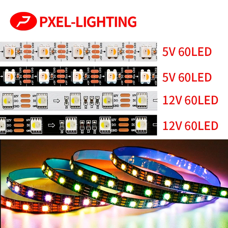 

5V 12V addressable RGBW RGBWW 4 colors in 1 LED Strip SK6812 IC 60pixles/m SMD 5050 RGB White Lamp Tape flexible Lights bar