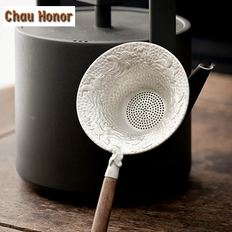 Customized Tin Relief Tea Drain With Handle Tea Strainer Tea Making Handmade Filter Tea Ceremony Tea Screen Kung Fu Teaware Tool