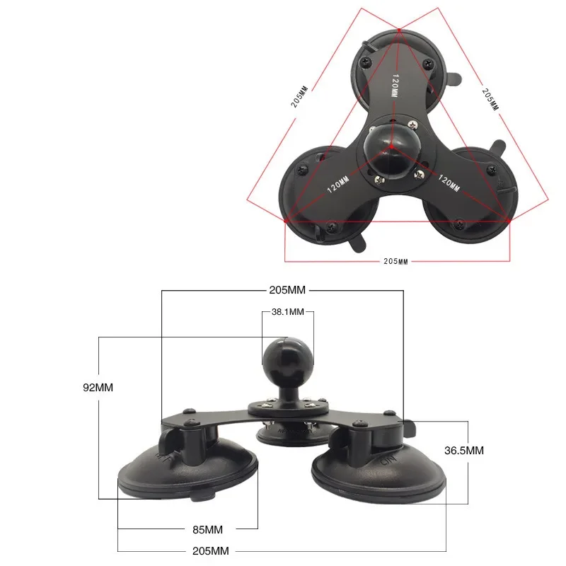 1.5 inch Ballhead Car Window Twist-Lock Triple Suction Cup Base with AMPS Hole Ball Mount for Gopro Phone Garmin