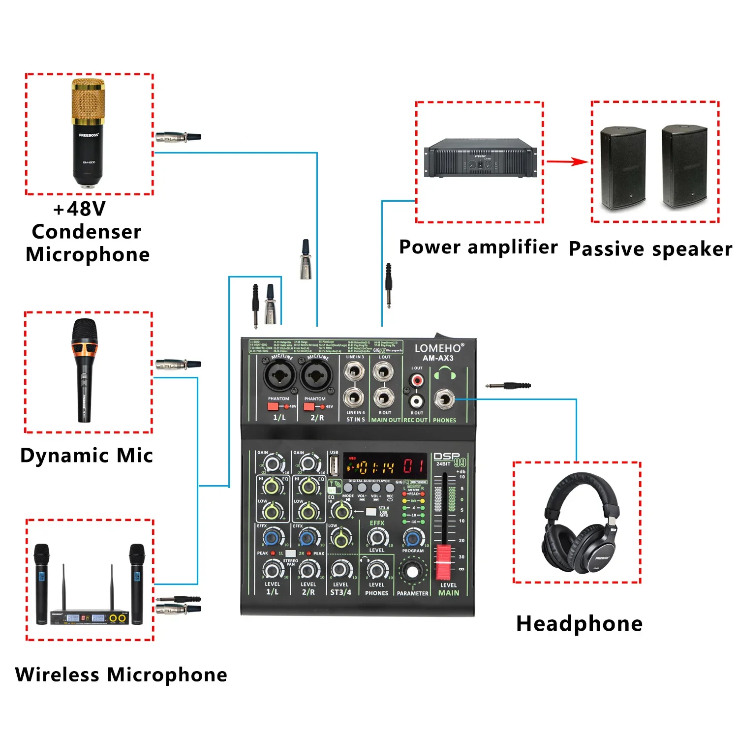 4 Channel Audio Mixer audio mixer Mini Portable Sound Mixing Console Bluetooth USB Play Record 99 DSP Effect 48V Dj Controller AM-AX3
