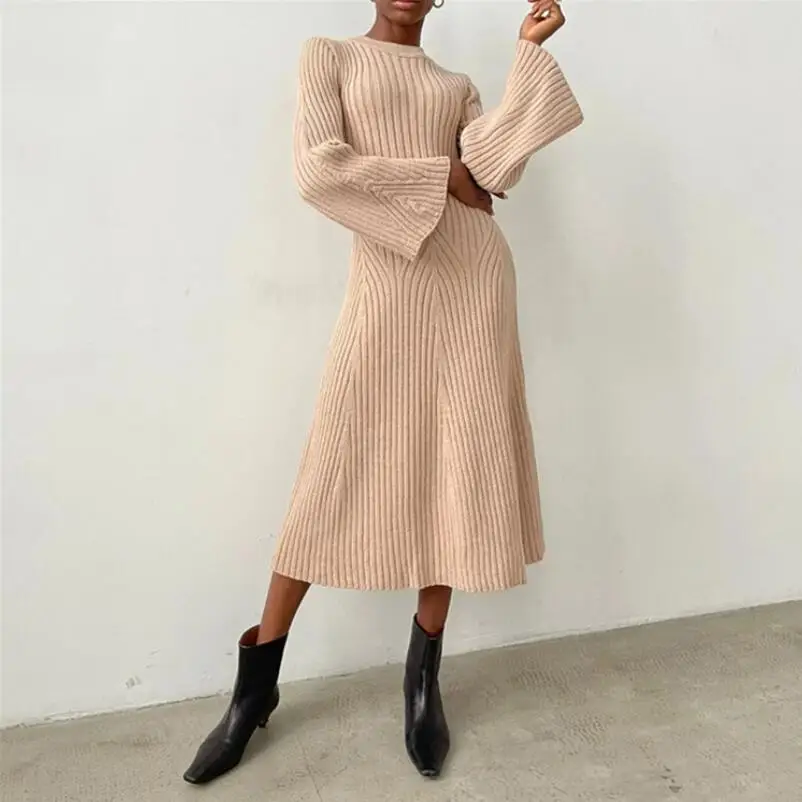 

Woman Elegant Ribbed Knitted Dress Fashion O Neck Long Sleeve Mini Dresses 2023 Autumn Winter Women Party Club Robes p1200