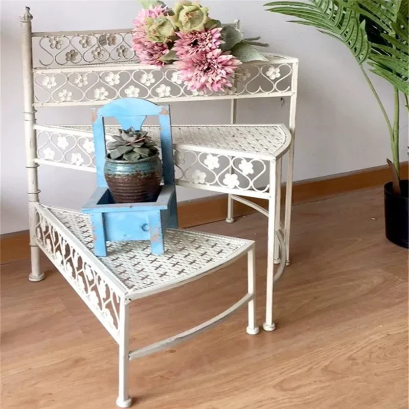 American Style Half Arc Trapezoidal Plant Stand Flower Holder Rotating Decorative Shelf Courtyard Balcony Display Rack, 3 Layers